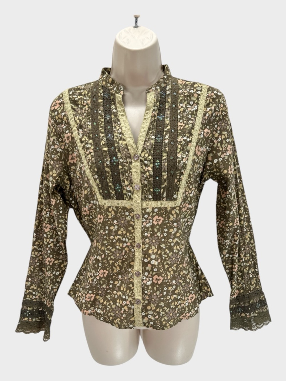Vintage Quizz Romantics Floral Crochet Blouse Cottage Prairie Victorian Top S